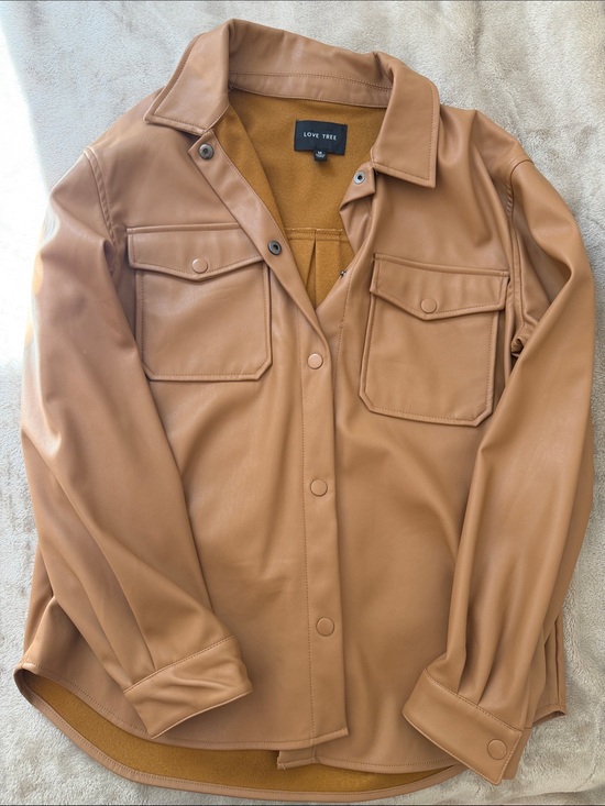 Love Tree Jackets & Blazers - Love Tree Tan Faux Leather Shacket with Chest Pockets